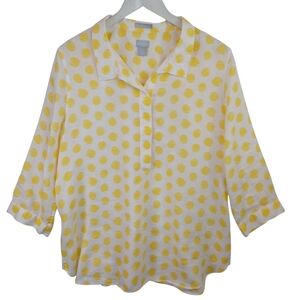 Chicos Linen Top Yellow White Polka Dot No Iron Blouse Collared Popover Women 14